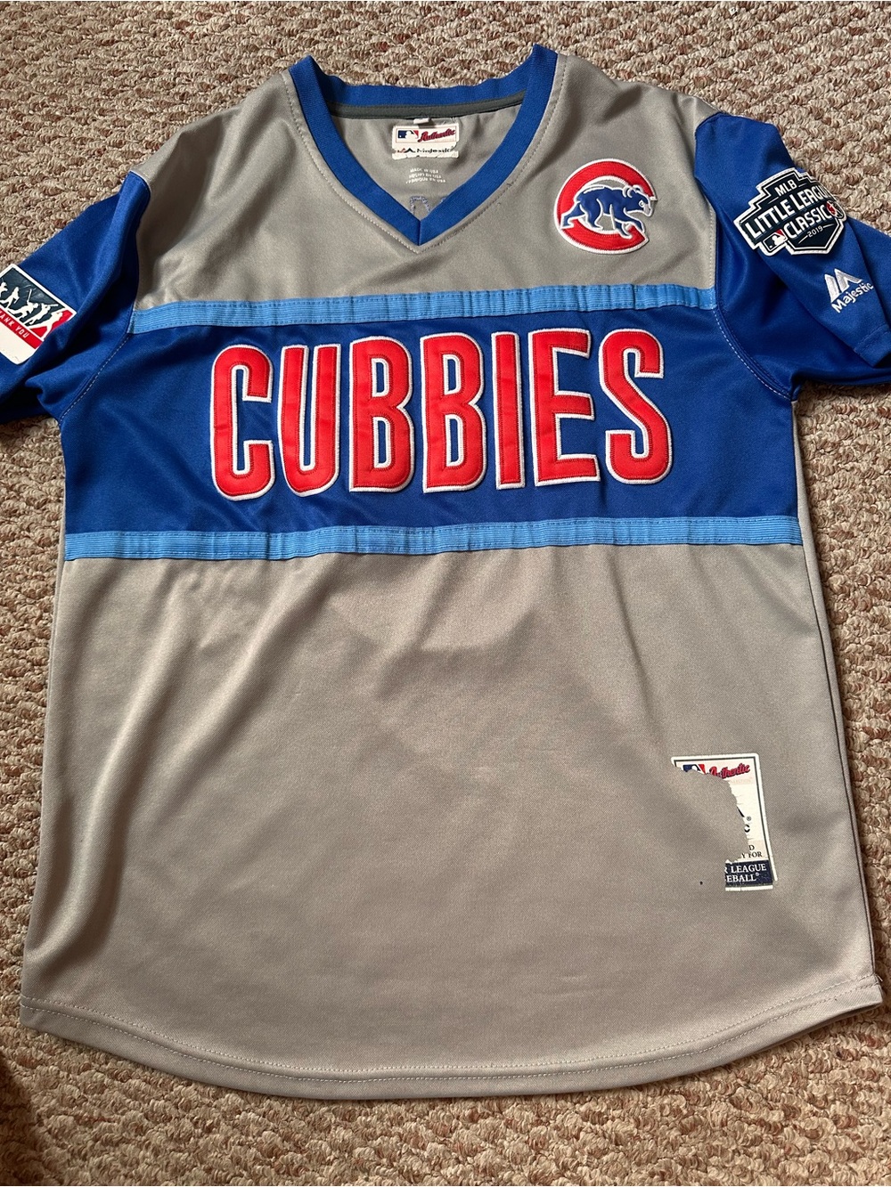 Majestic Cubbies Grey & Blue Jersey Shirt with Red Lettering